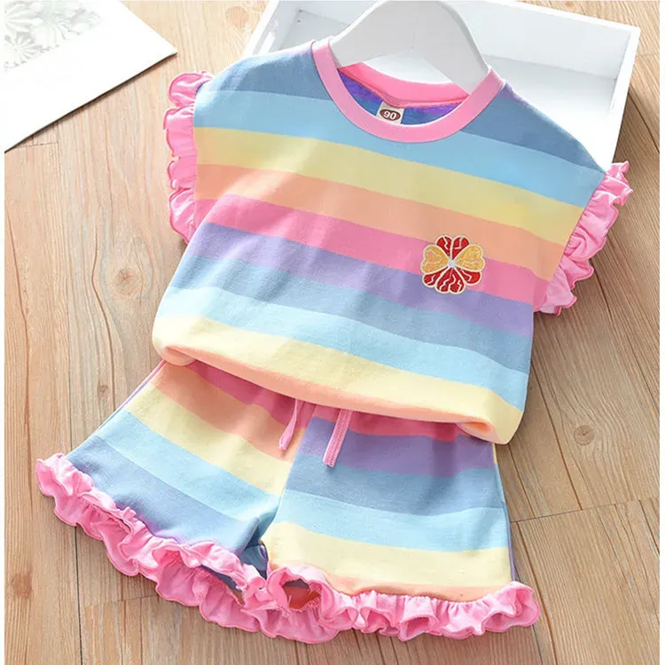 Wholesale Girl'S Fashion Rainbow Stripe Print Ruffled Shorts Two-Piece Set