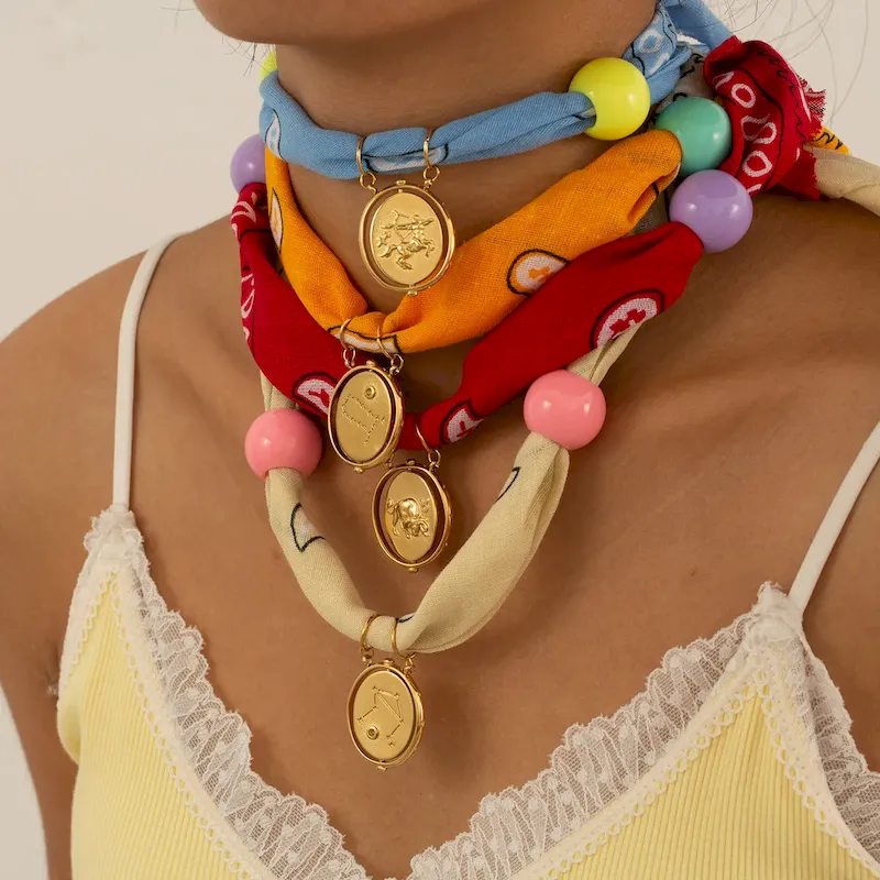 Wholesale Personalized Twelve Constellations Zodiac Satin Scarf Steel Pendant Necklace