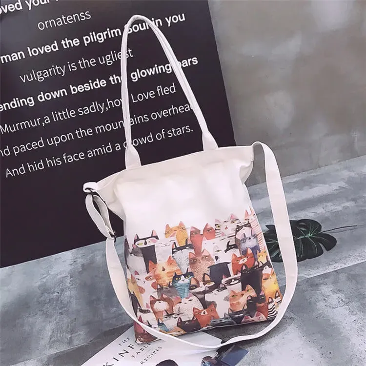 Women Fashion Cartoon Cats Printed Canvas Shoulder Bag