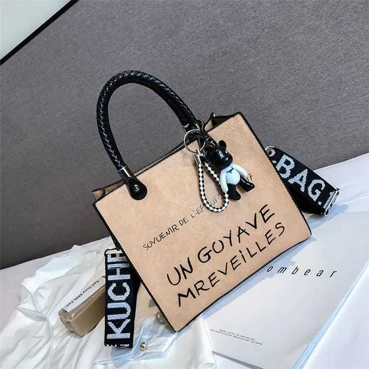 Women Fashion Color Blocking Letter Printed Large Capacity Tote Bag