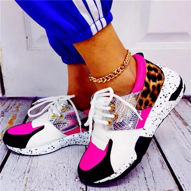 Size:4.5-11Women Casual Plus Size Leopard Printed Patchwork Lace Up Sneakers