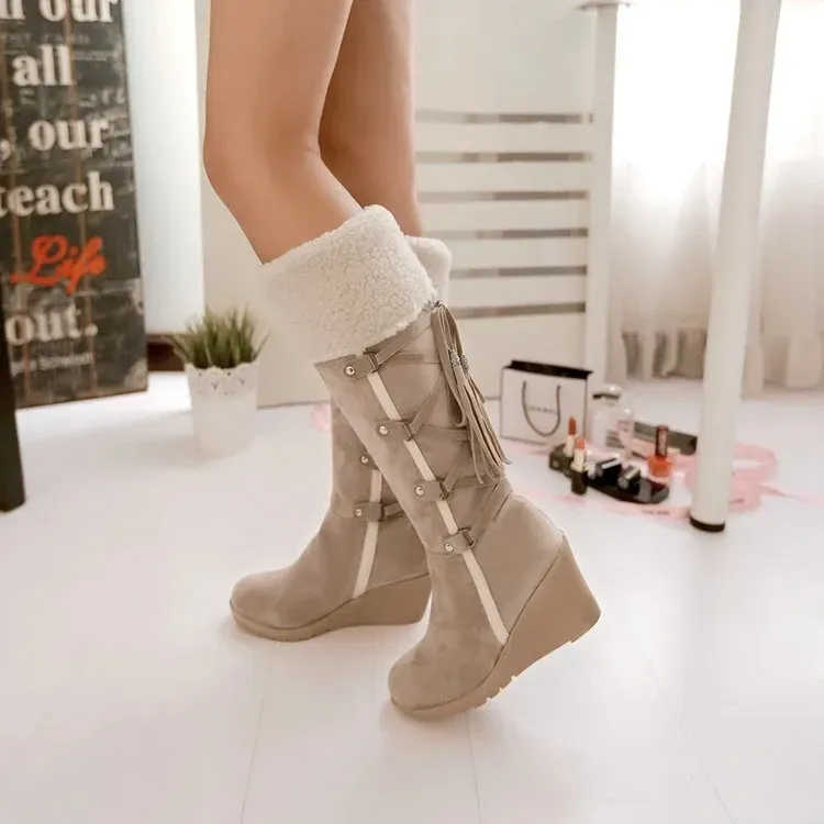 Size:4.5-11 Women Wedges Tassel Lace-up High Boots