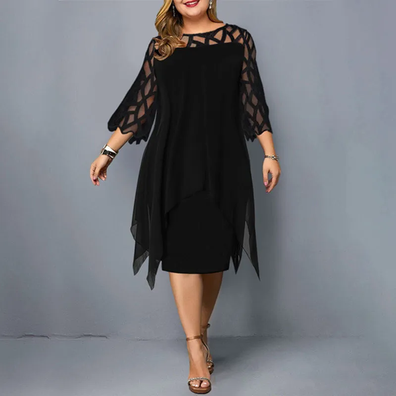 L-6XL Women Plus Size Elegant Casual Solid Color Hollow Lace Communting Dating Midi Dress