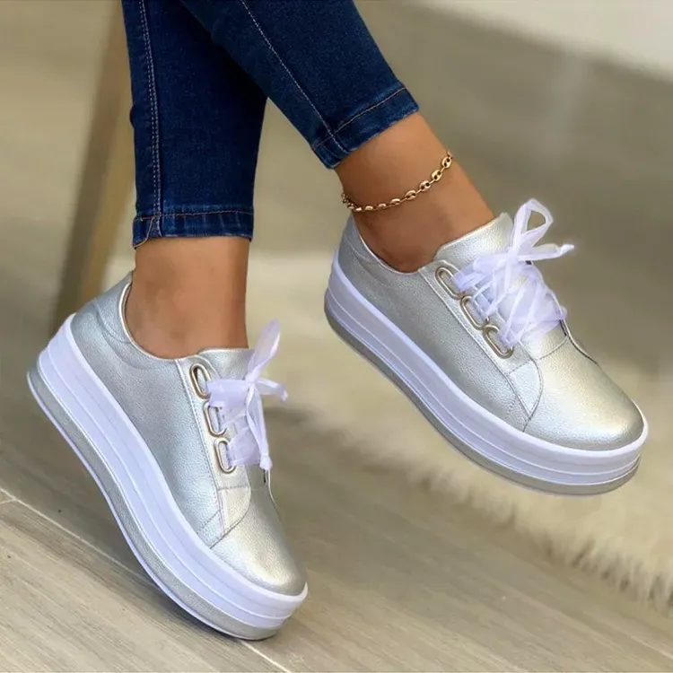 Women Casual Round Toe Lace-up Block Color Platform Shoes PU Sneakers