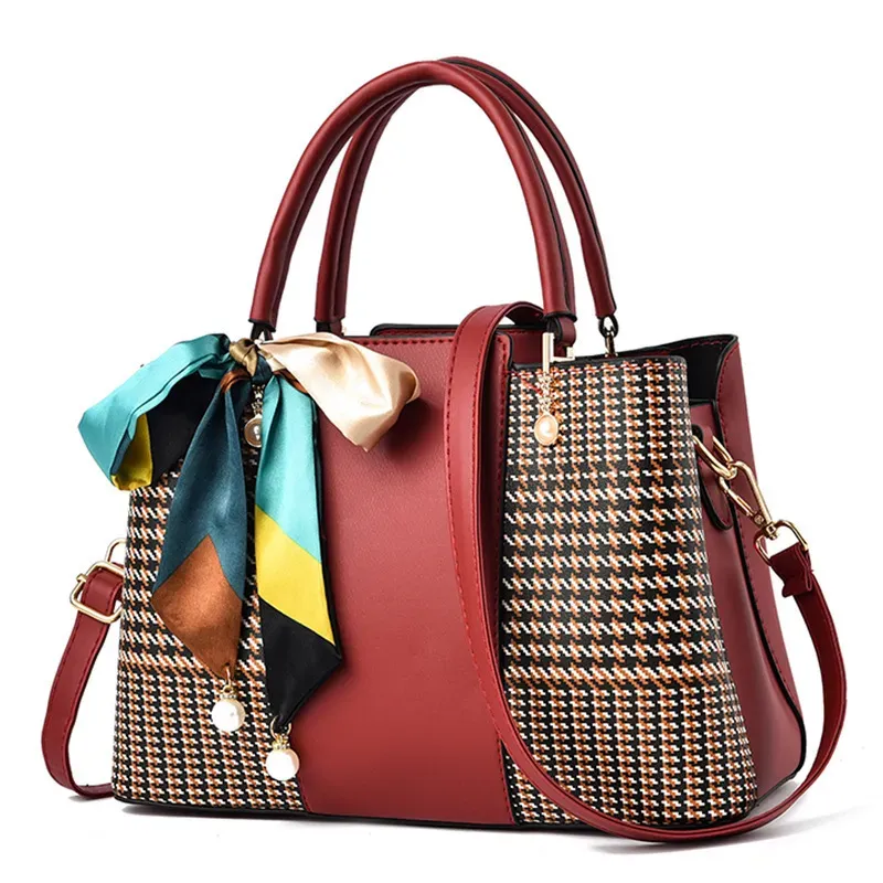 Women Vintage Silk Scarf Design Solid Color Houndstooth Large Capacity Shoulder Handle Tote Bag