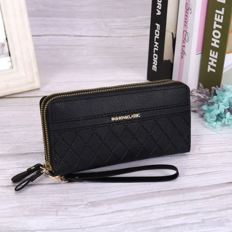 Multi-Card Women Vintage Zipper Design Solid Color Large Capacity Quilted Purse