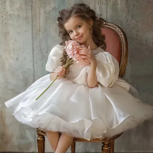 Wholesale Kids Girls Fashion Elegant White Satin Flower Puff Sleeve Party Princess Dress