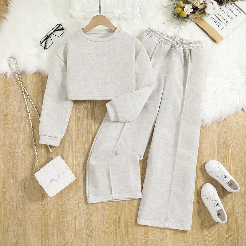 Wholesale Kids Girls Fashion Casual Solid Color Long-Sleeve Sweatshirt Wide-Leg Pants Two-Piece Set