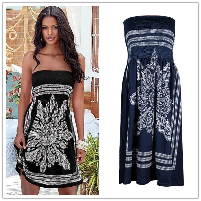 Women Casual Vintage Strapless Summer Loose High Waist Bohemian Beach Dress