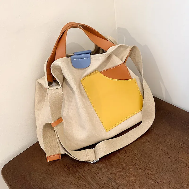 Women Fashion Unique Color Blocking Patchwork Design Large Capacity Canvas Tote Bag