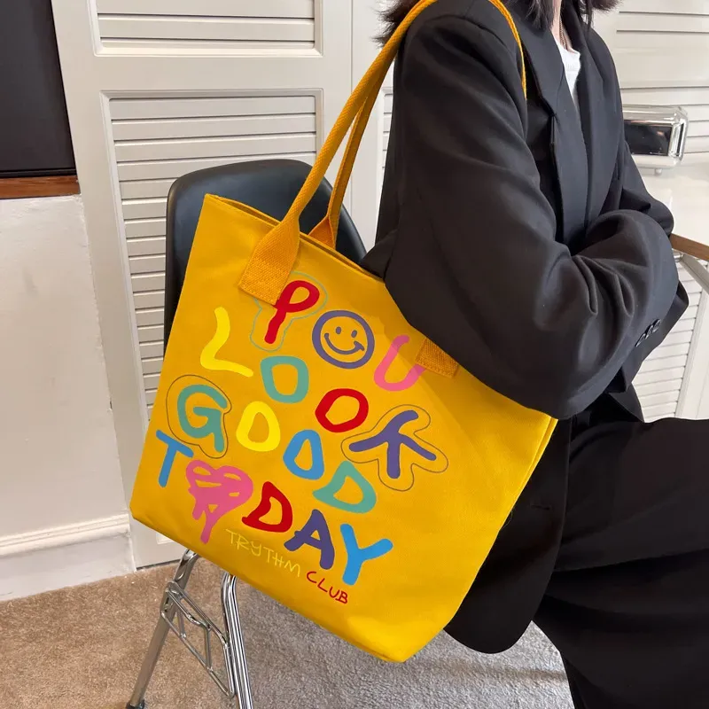 Women Cute Casual Cartoon Smiley Letter Pattern Large Capacity Canvas Tote Bag