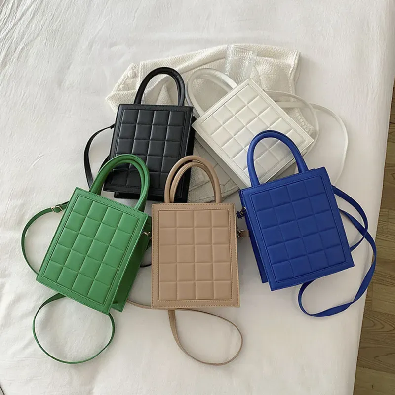 Women Fashion Plaid Embossed Solid Color Large Capacity PU Crossbody Bag