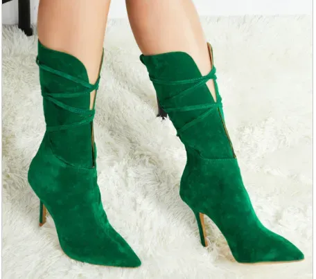 Women Fashion Pointed Toe Solid Color Suede Stiletto Heel Lace-Up Mid-Calf Boots