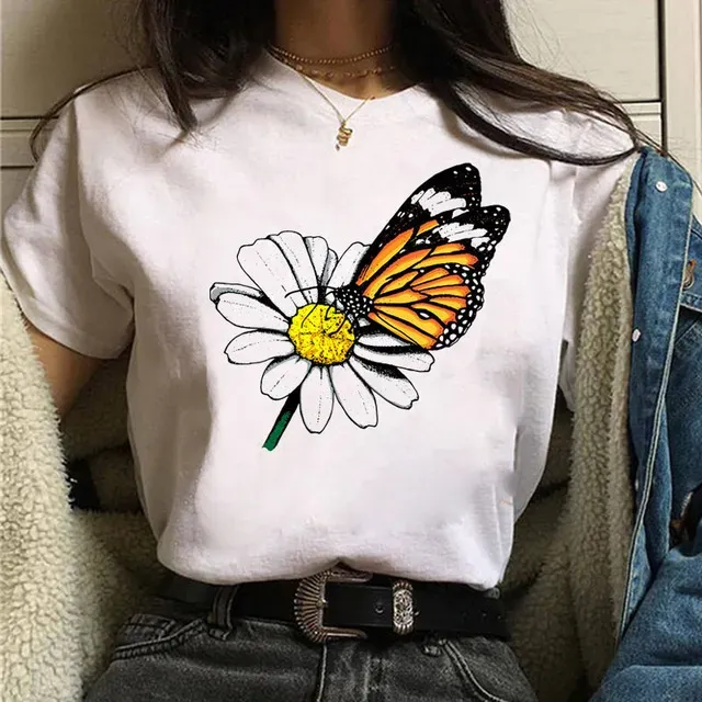 Fashion Women Basic Short Sleeve Butterfly Print Round Neck T-Shirt