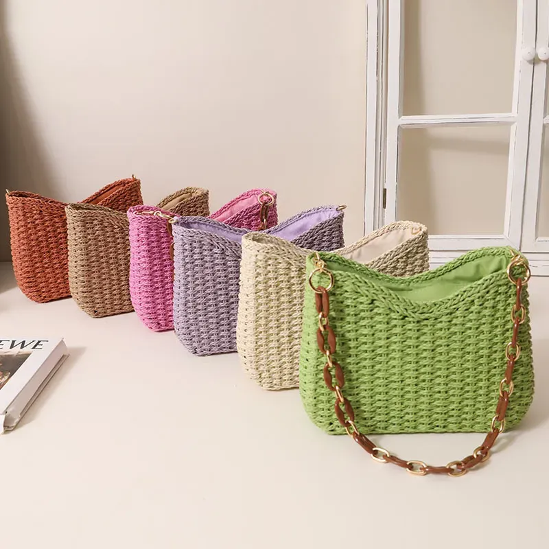 Women Fashion Small Fresh Pure Color Straw Shoulder Bag