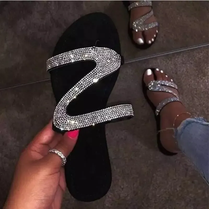 Plus Size Women Fashion Rhinestone Flat Casual Open Toe Slippers
