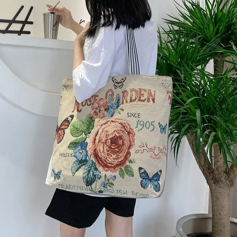 Women Fashion Canvas Linen Fabric Ethnic Style Large Capacity Tote Bag