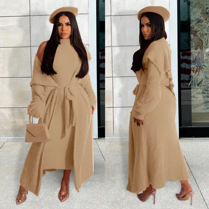 Autumn And Winter Women Fashion Solid Color Plush Dress Long Coat Lace-Up Two-Piece Set