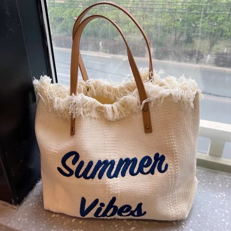 Women Fashion Solid Color Tassel Letter Embroidered Large Capacity Tote Bag