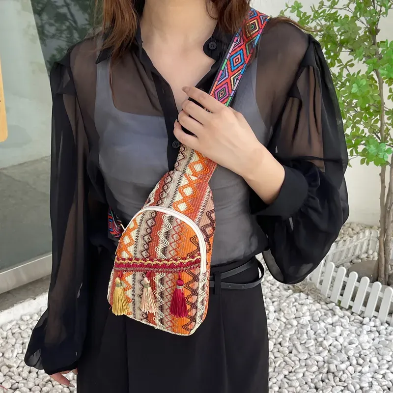 Women Fashion Ethnic Style Ribbon Tassel Pendant Chest Bag
