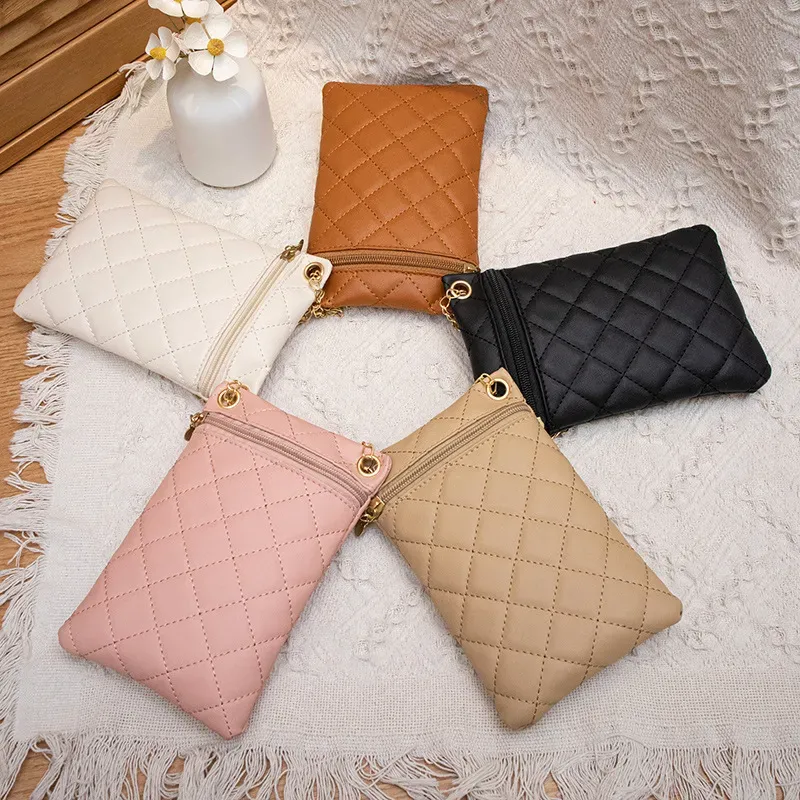 Women Fashion Solid Color Rhombic Zipper Mini Chain Purses