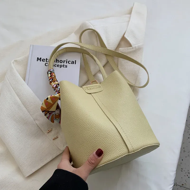 Women Fashion Large Capacity Silk Scarf Decorative Bucket Handle Shoulder Bag