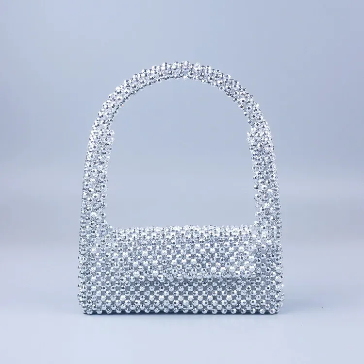 Women Fashion Lattice Silver Beaded Acrylic Handmade Beaded Handle Evening Bag