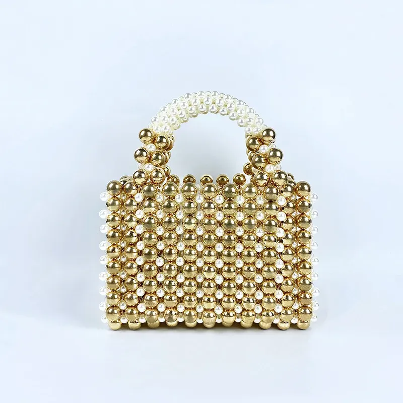 Women Fashion Casual Gold Round Beaded Acrylic Beaded Square Handle Evening Bag