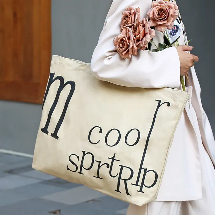 Simple Large-Capacity Letter-Print Canvas Tote Bag