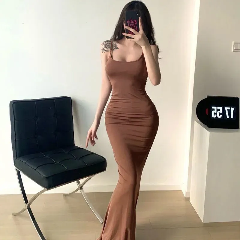 Women Summer Sleeveless Solid Color Sexy Tight Fishtail Dress