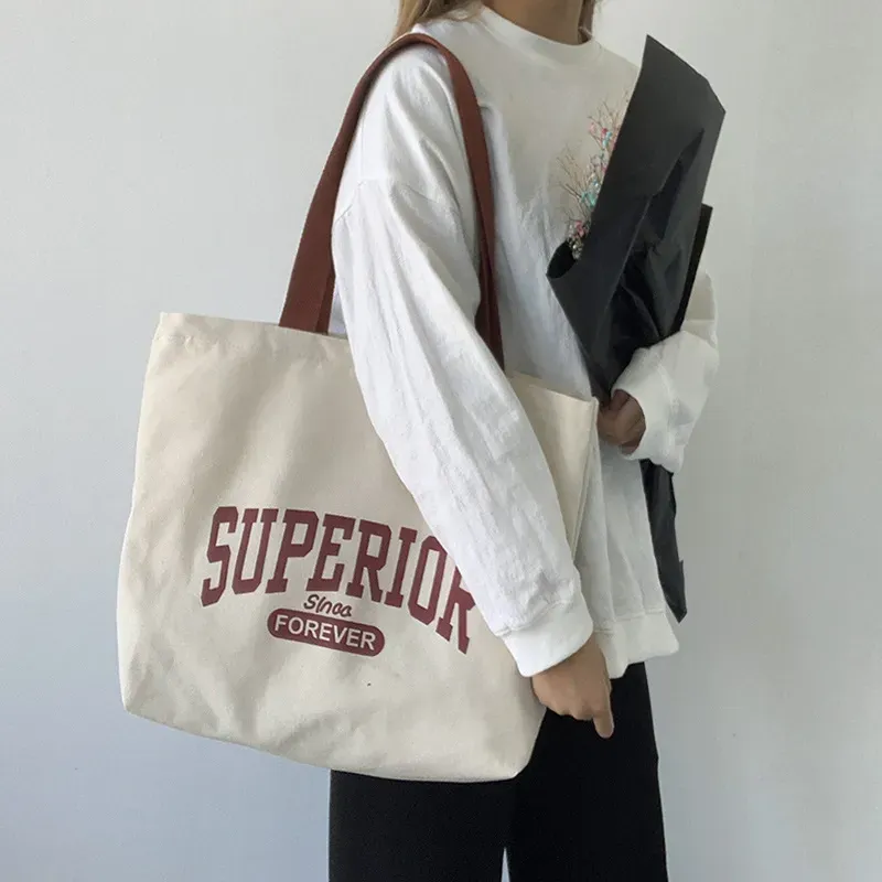 Women Fashionable Simple Letter Print Large Capacity Canvas Tote Bag