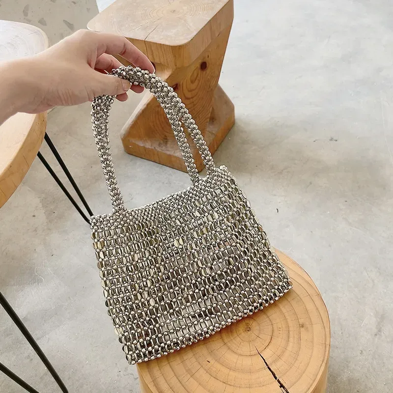 Women Simple Woven Metal Handle Bag