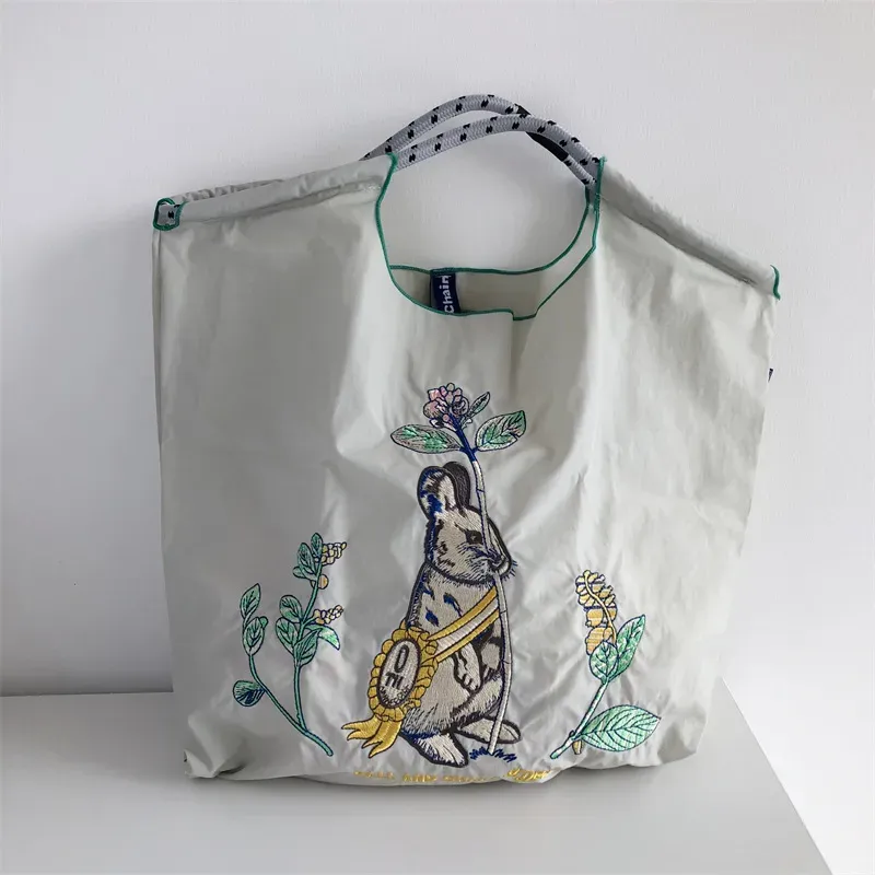 Women Fashion Nylon Embroidered Large Capacity Canvas Shopping Bag