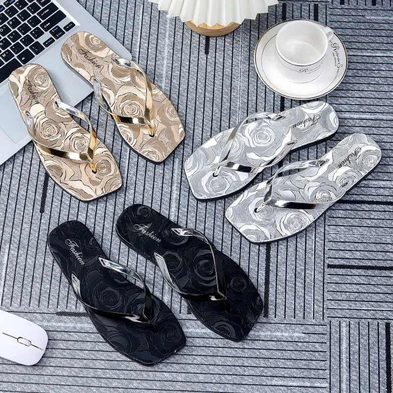 Summer Women Casual Plus Size Pattern Printed Square Toe Flat Thong Slippers