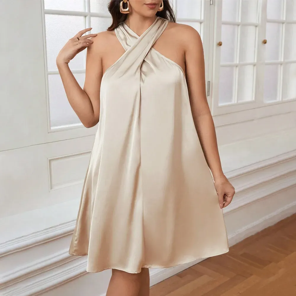 Women Fashion Plus Size Solid Color Cross Halter Neck Acetic Satin Dress