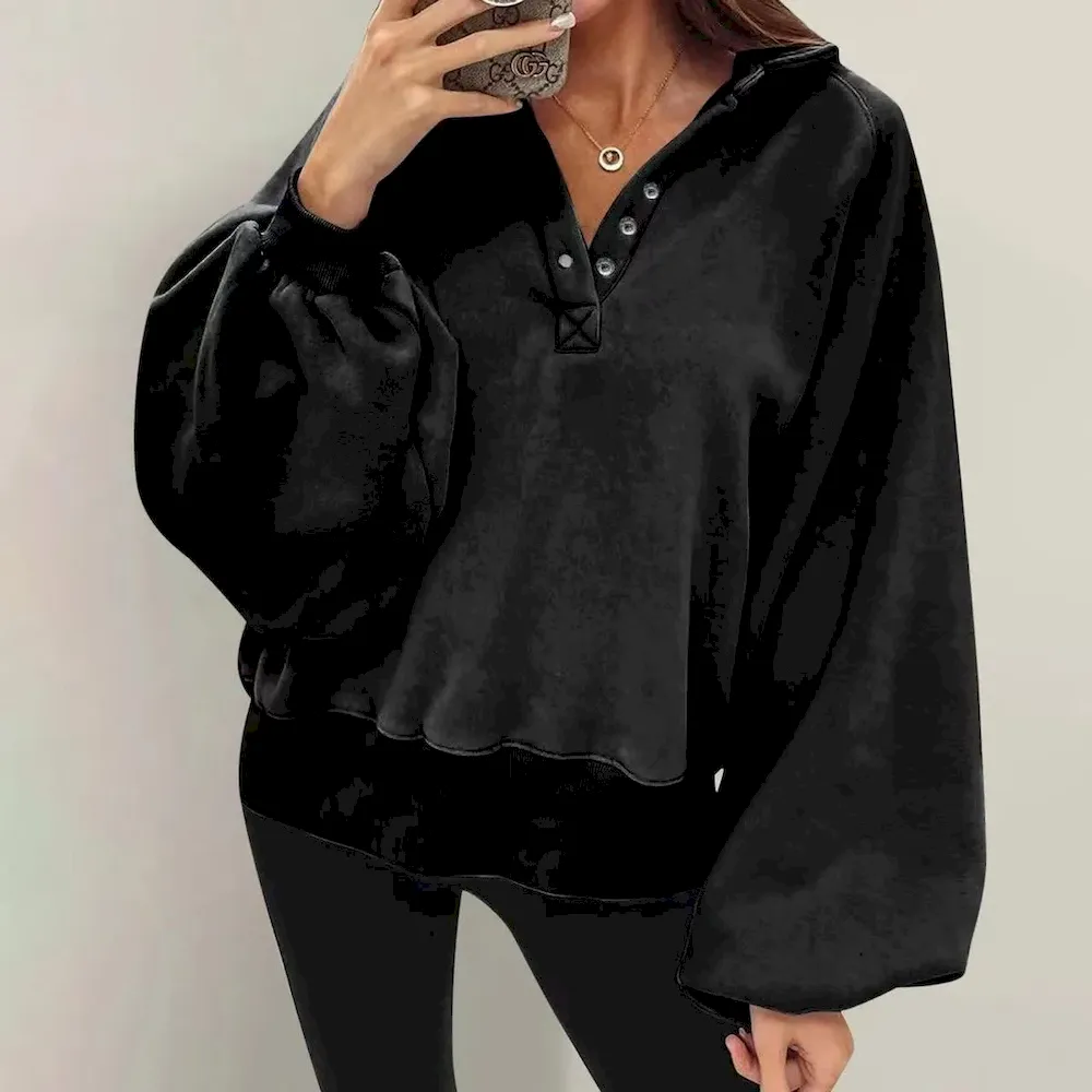 Autumn Winter Women Casual Solid Color Lantern Sleeve Hoodies
