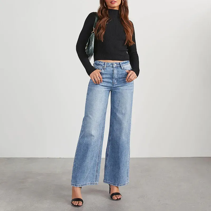 Women Fashion Light Color High Waist Stretch Wide Leg Jeans