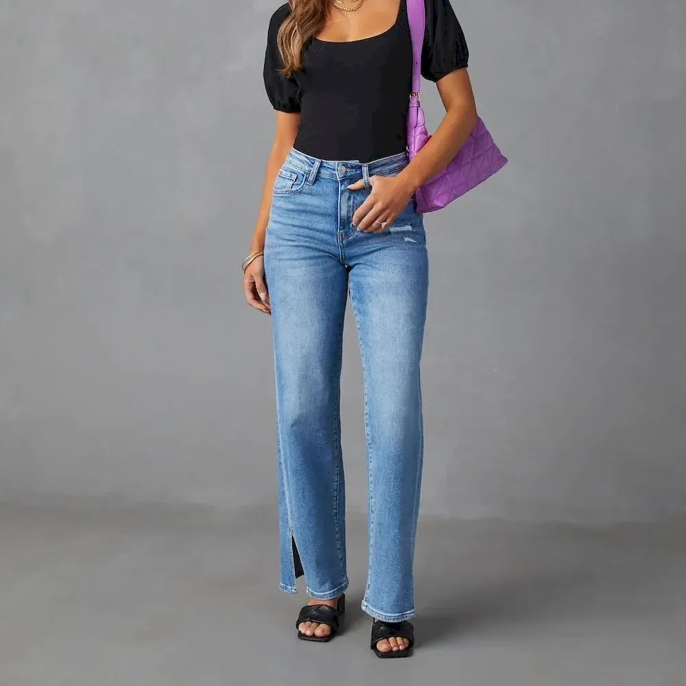 Women Fashion High Waist Stretch Split Straight Leg Jeans