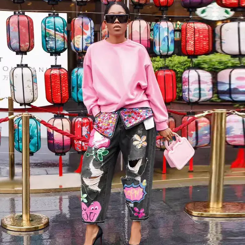 Street Fashion Women Heart Floral Print Rhinestone Ripped Loose Jeans