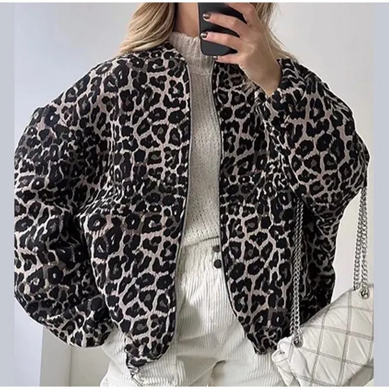 Autumn Winter Women Fashion Leopard Print Zipper Long Sleeve Jacket Coat