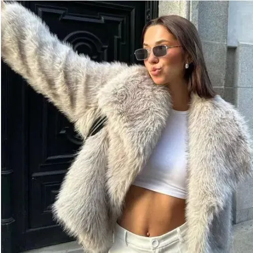 Autumn Winter Women Fashion Solid Color Lapel Plush Faux Fur Long Sleeve Jacket