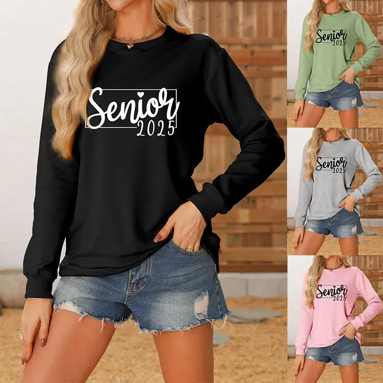 Women Casual Solid Color 2025 Letter Print Round Neck Long Sleeve Sweatshirt