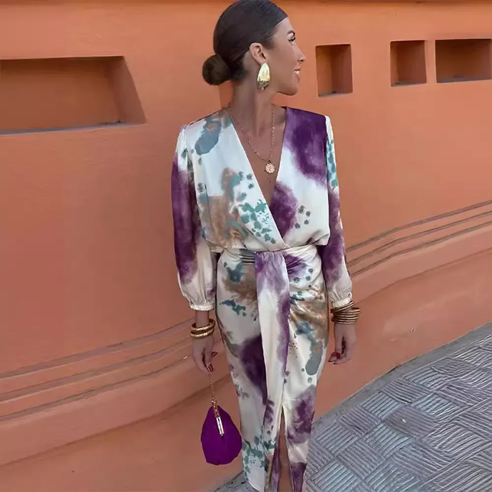 Summer Women Fashion V-Neck Graphic Printing Long Sleeve Top Split Skirt Two-Piece Set