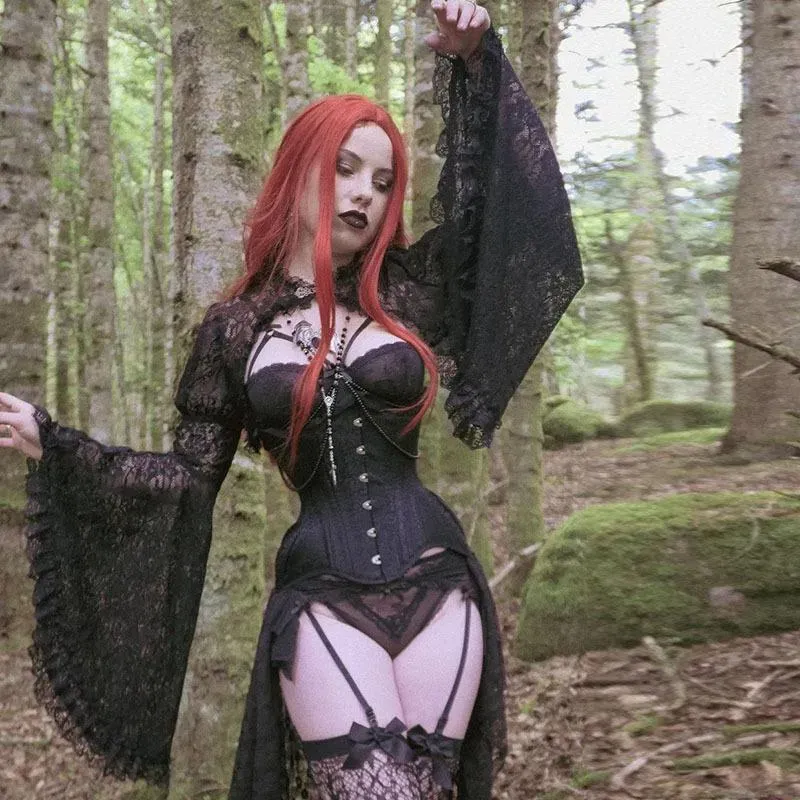 Summer Women Fashion Dark Gothic Lace Hollow Horn Sleeve Top