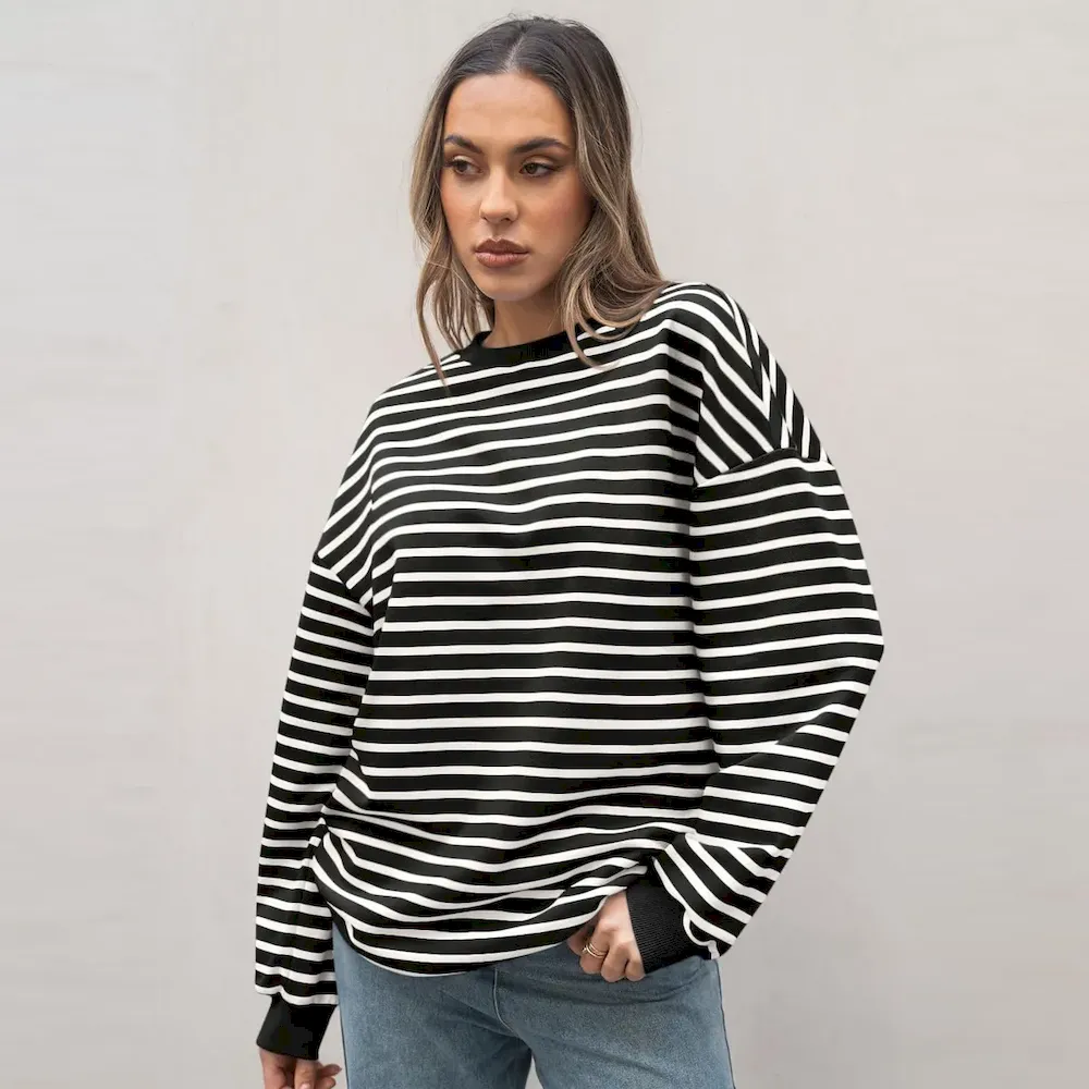 Autumn Winter Women Simple Stripe Print Round Neck Long Sleeve Sweatshirt