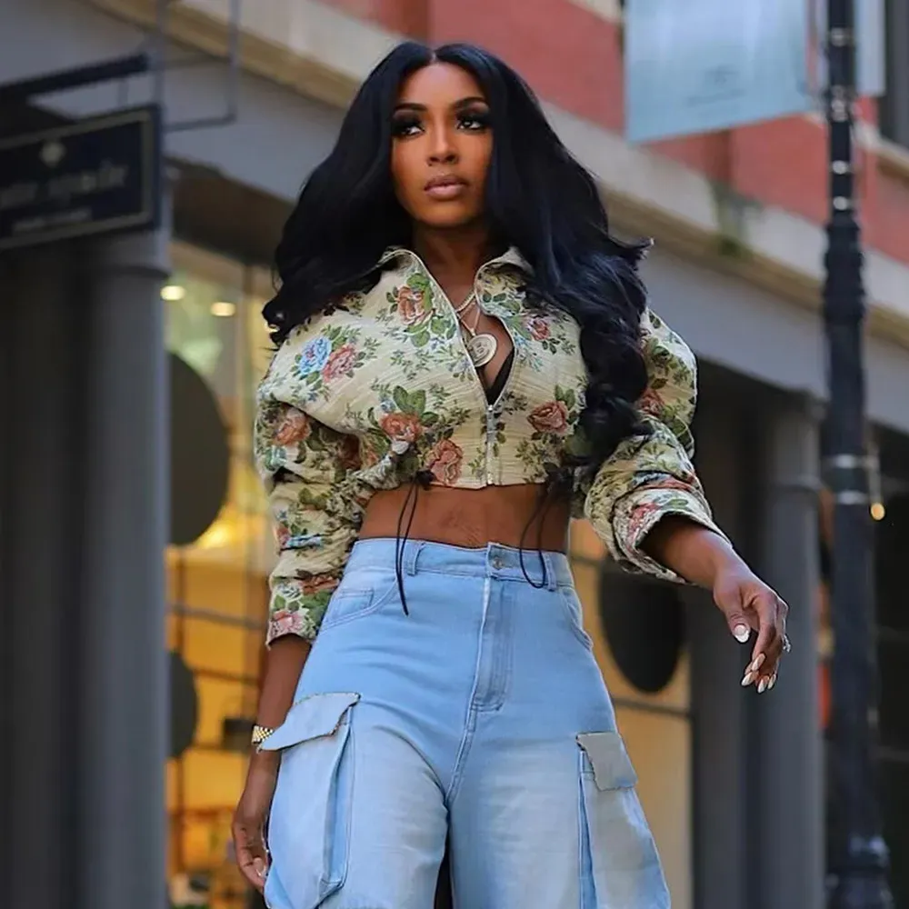 Autumn Women Floral Yarn-Dyed Jacquard Long Sleeve Crop Jacket Short Coat