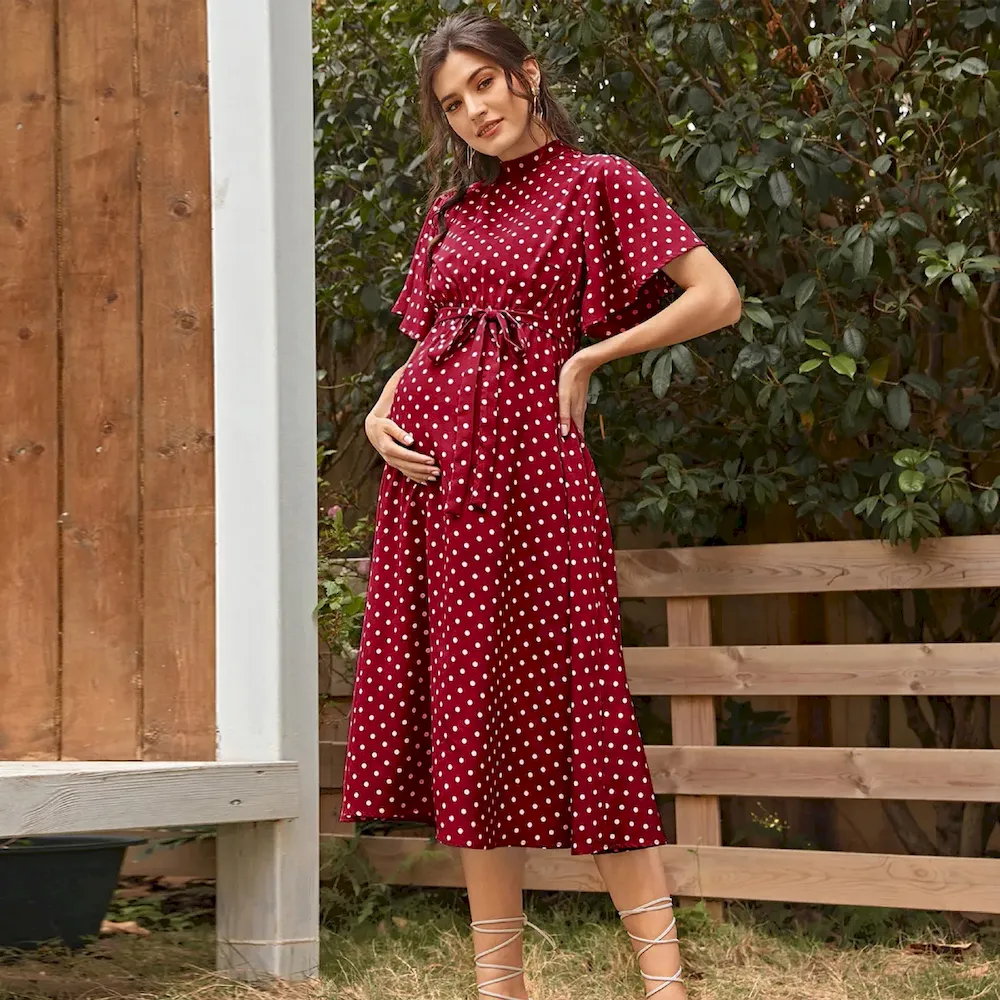 Women Fashion Comfortable Strap Short Sleeve Dot Chiffon Pregnant Women Dress