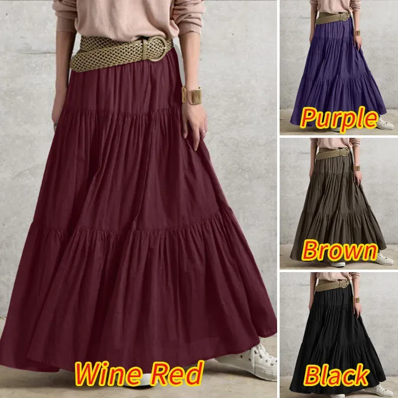 Women Fashion Lotus Leaf Solid Color Retro Style Pleated Skirt
