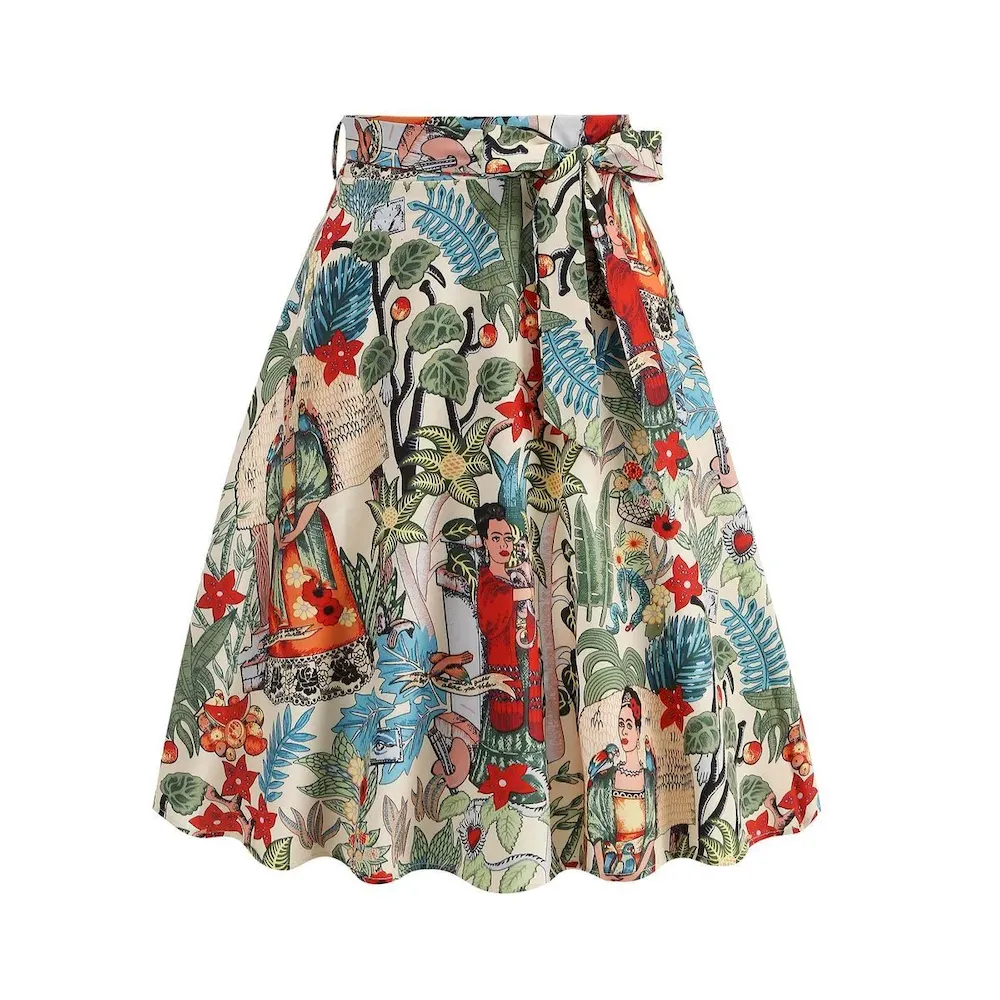 Women Fashion Graffiti Printed Lace-Up Bowknot Tight A- Line Skirt