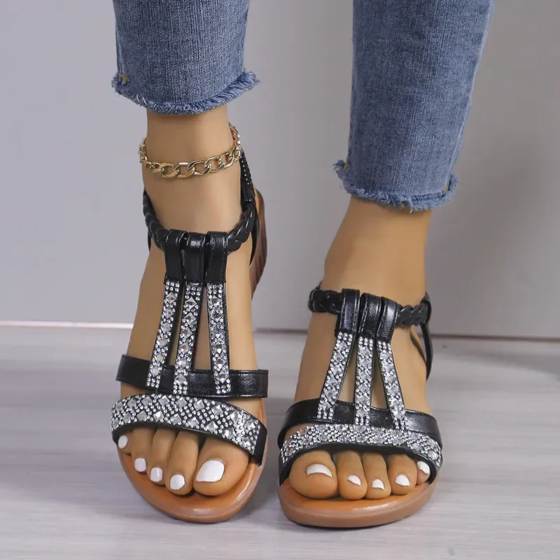 Women Fashion Casual Rhinestone Peep-Toe Wedge Sandals